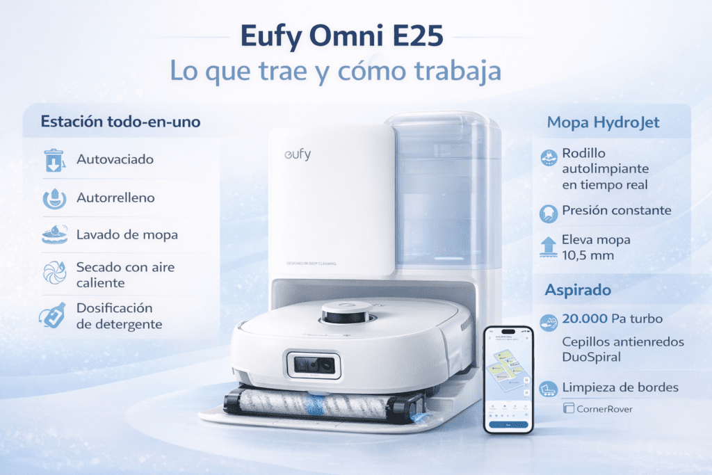 Eufy Omni E25: estación todo-en-uno, mopa HydroJet y succión turbo; cómo funciona en el día a día.