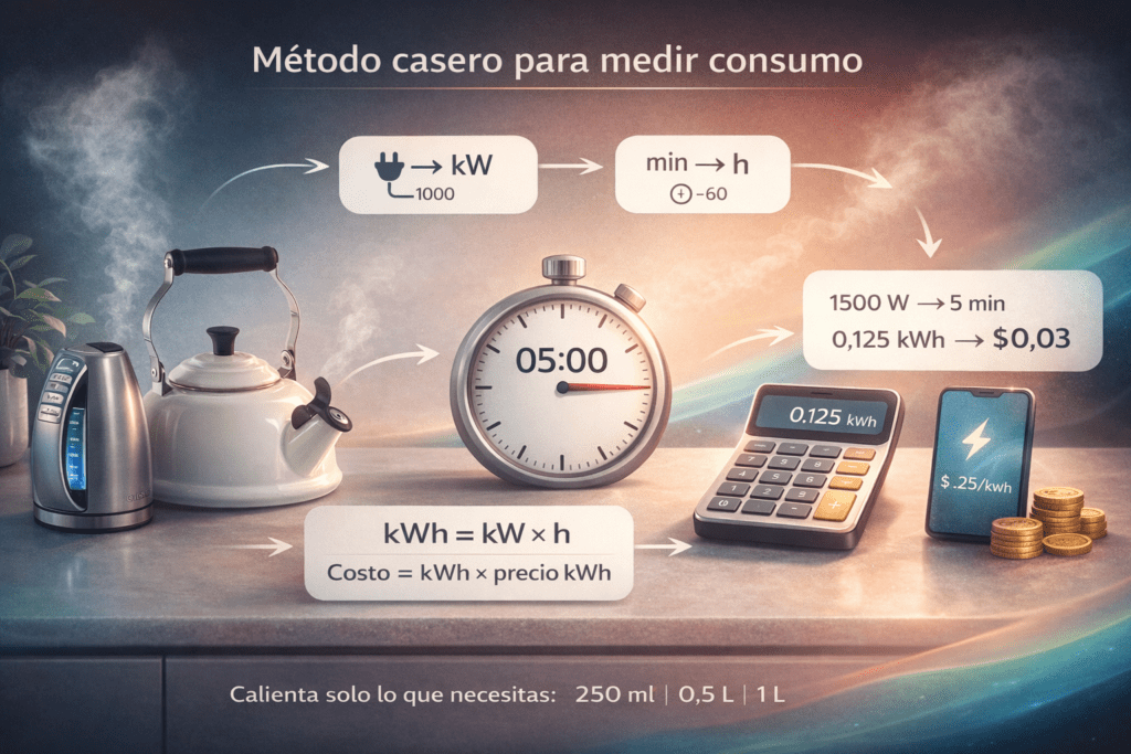 Infografía en español con el método casero para convertir minutos de uso en kWh y kWh en costo: fórmulas, pasos y ejemplo rápido.