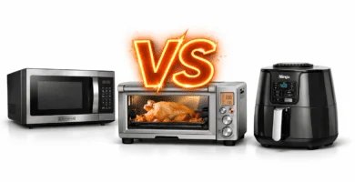 Comparativa visual: microondas, horno de encimera con convección y freidora de aire frente a frente en cocina moderna, portada del artículo sobre qué gasta menos.