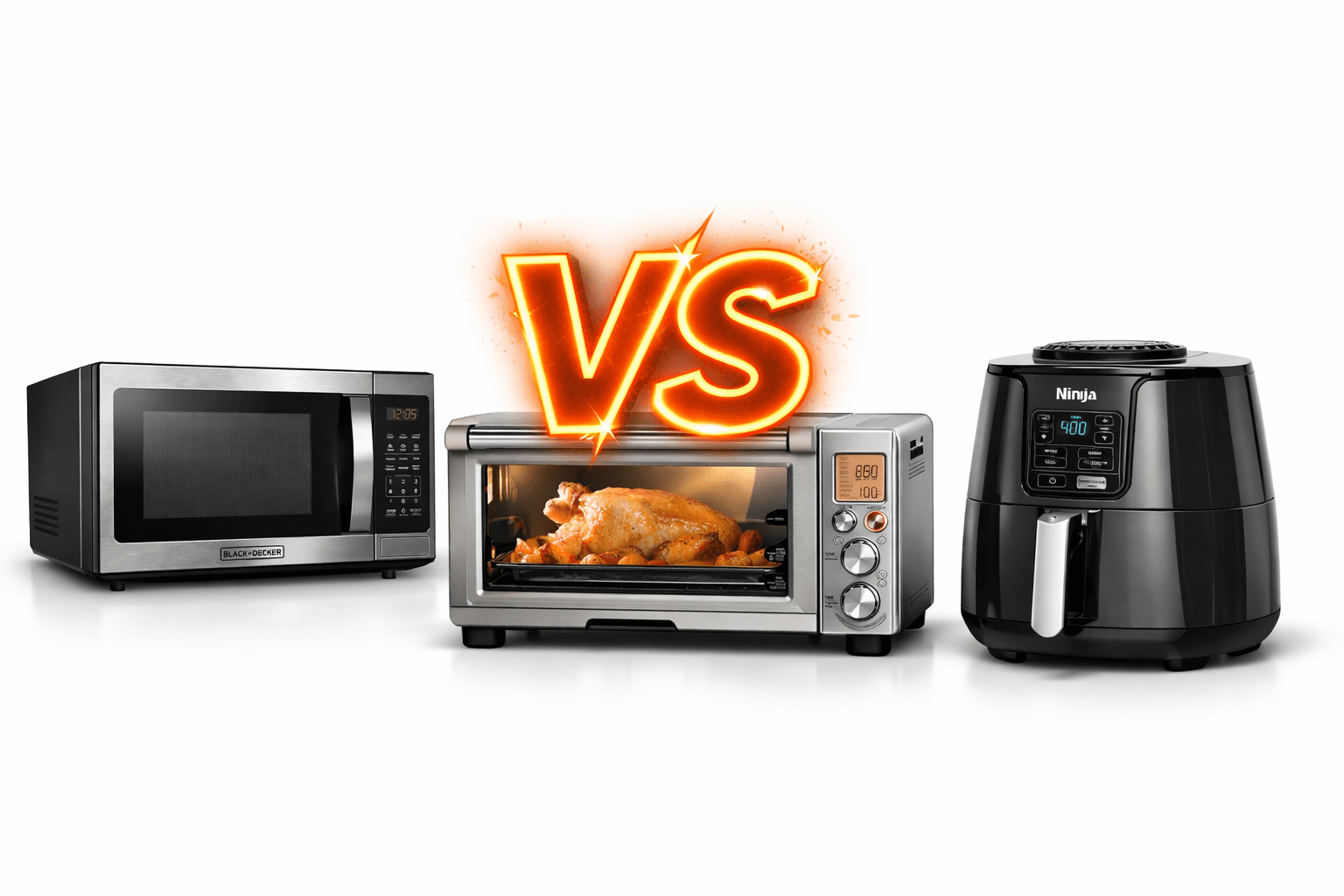 Comparativa visual: microondas, horno de encimera con convección y freidora de aire frente a frente en cocina moderna, portada del artículo sobre qué gasta menos.