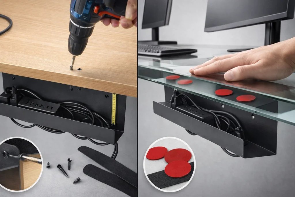 Comparativa de montaje de bandeja slim bajo escritorio: atornillado en madera/MDF/aglomerado vs adhesivo en vidrio, con regleta y cables ordenados.