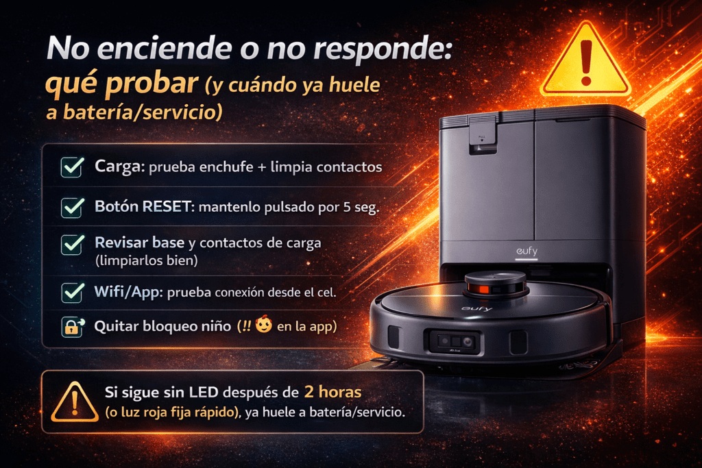 Infografía en español con un robot aspirador eufy y su base, con símbolo de alerta y checklist: comprobar carga y enchufe, limpiar contactos, pulsar RESET 5 segundos, revisar base/contactos, verificar Wi-Fi/app y desactivar bloqueo infantil; aviso si no hay LED tras 2 horas.