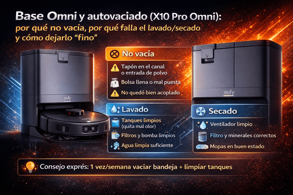 Infografía en español con una base eufy tipo Omni y un robot; tres bloques con causas y soluciones: “No vacía” (tapón/atasco en canal, bolsa llena o mal puesta, mal acople), “Lavado” (tanques limpios, filtros/bomba limpios, agua limpia suficiente) y “Secado” (ventilador limpio, filtro/minerales, mopas en buen estado); consejo semanal de limpieza.