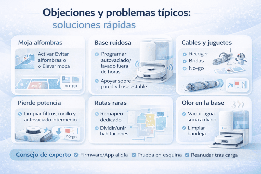 Eufy Omni E25: objeciones y soluciones rápidas para alfombras, cables, ruido de base y mapeo.