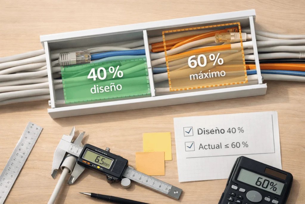 Diagrama 40/60 % y fórmula “Área de diseño = Área cables / 0,40” con calculadora y canaleta.