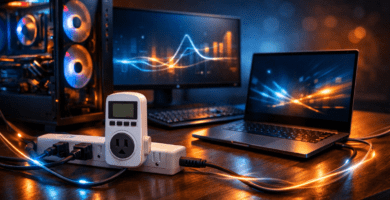 PC gamer con torre RGB y notebook sobre escritorio de madera, dos monitores y medidor de consumo enchufable; iluminación azul y naranja.