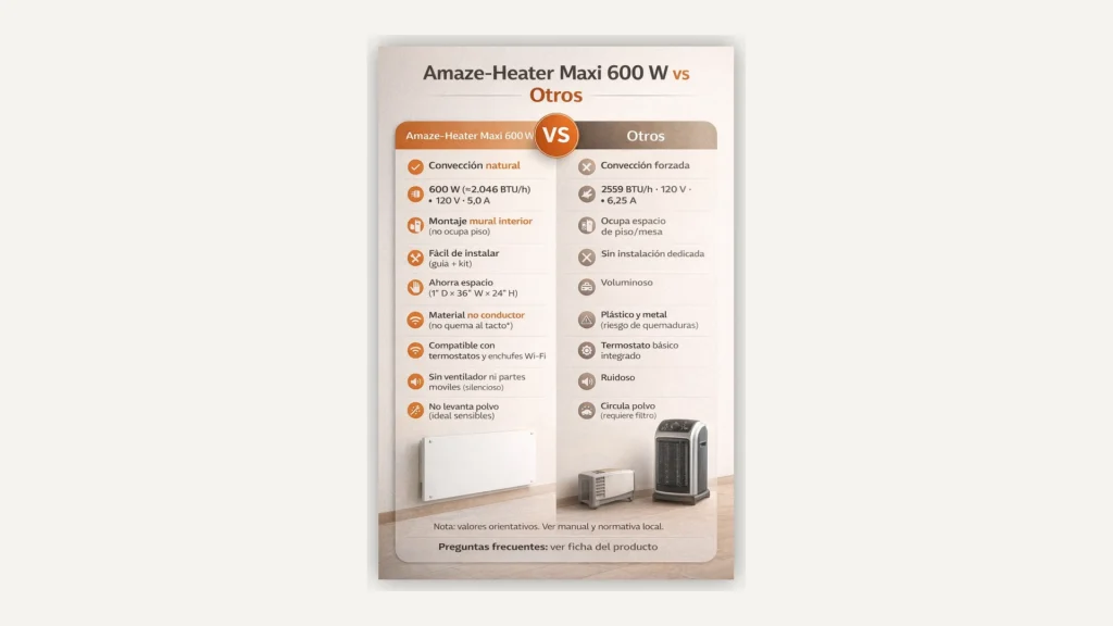 Infografía: panel de convección mural Amaze-Heater Maxi 600 W comparado con otros calefactores; 2046 BTU/h, 120 V-5 A, montaje mural y sin ventilador.
