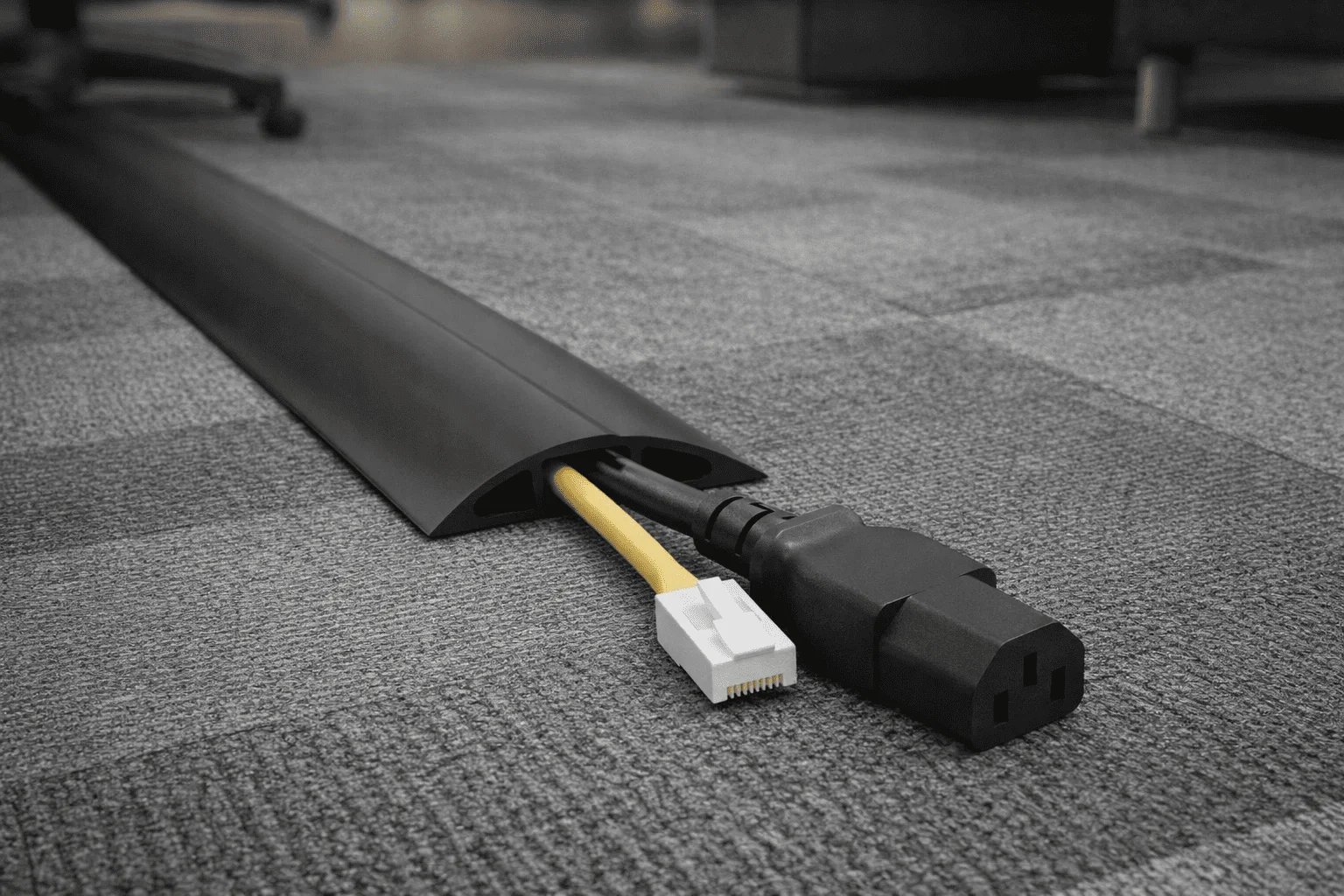 Pasacables de piso de perfil bajo protegiendo cable de alimentación y Ethernet sobre alfombra de oficina.