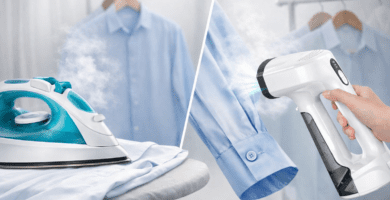 Comparativa visual de una plancha de ropa y un vaporizador de mano sobre fondo neutro, concepto de tipos de planchado y consumo por sesión.