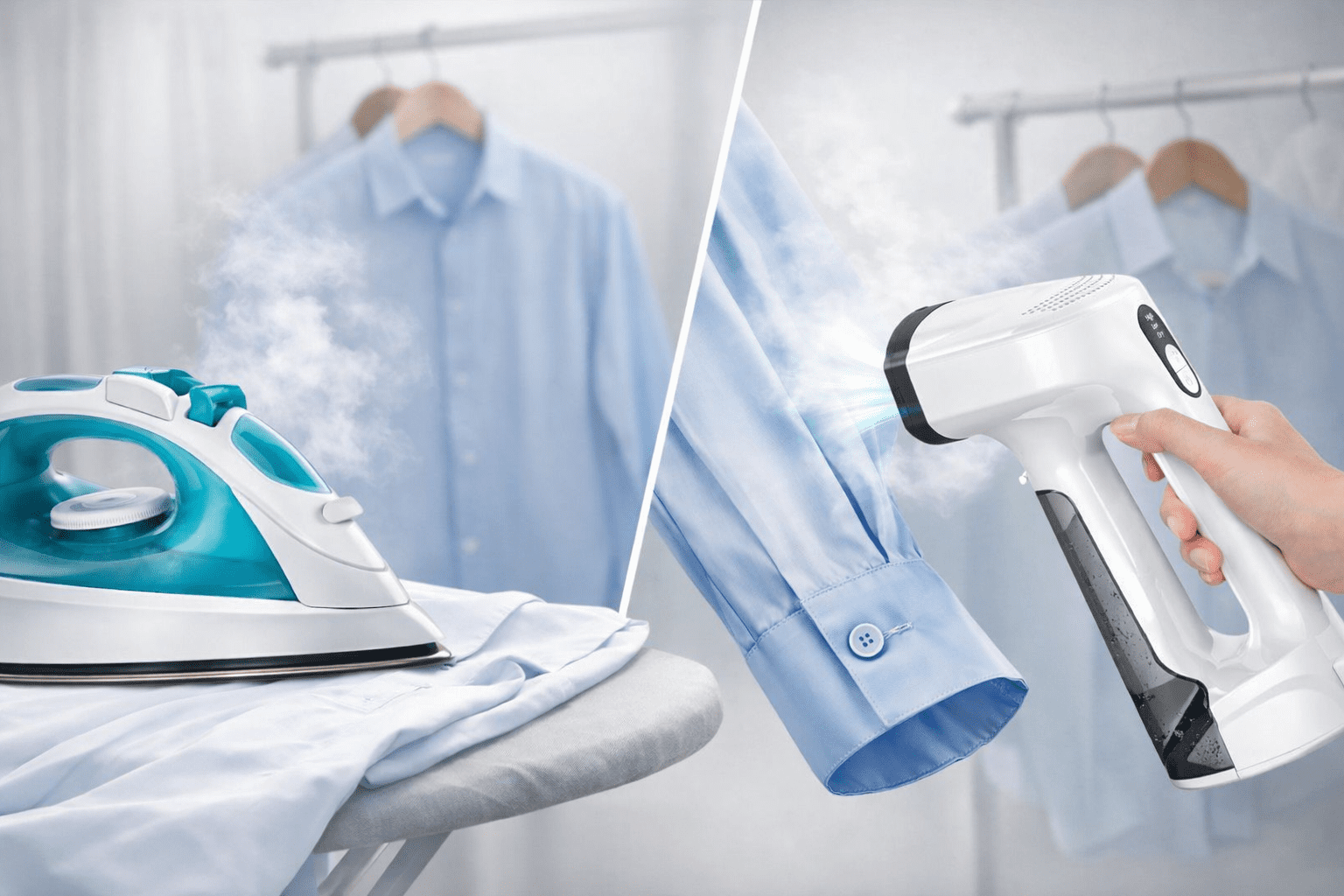 Comparativa visual de una plancha de ropa y un vaporizador de mano sobre fondo neutro, concepto de tipos de planchado y consumo por sesión.