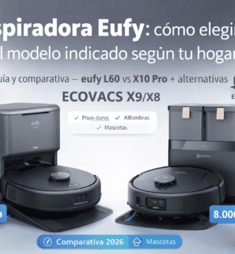 Comparativa de portada: eufy X10 Pro Omni y eufy L60 Auto-Empty frente a ECOVACS DEEBOT X9 Pro OMNI y X8 Pro OMNI, con estaciones base y vista de la app.
