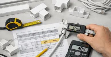 Mesa de trabajo con canaletas blancas, calibre, nivel, cinta métrica, calculadora y tabla 40/60 % para calcular la sección según conductores.