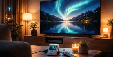Televisor en sala moderna con iluminación ambiental; ejemplo de brillo HDR/SDR para estimar kWh y costo mensual según pulgadas