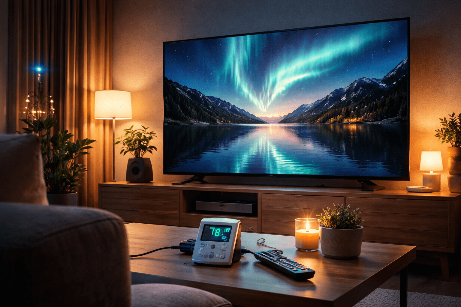Televisor en sala moderna con iluminación ambiental; ejemplo de brillo HDR/SDR para estimar kWh y costo mensual según pulgadas