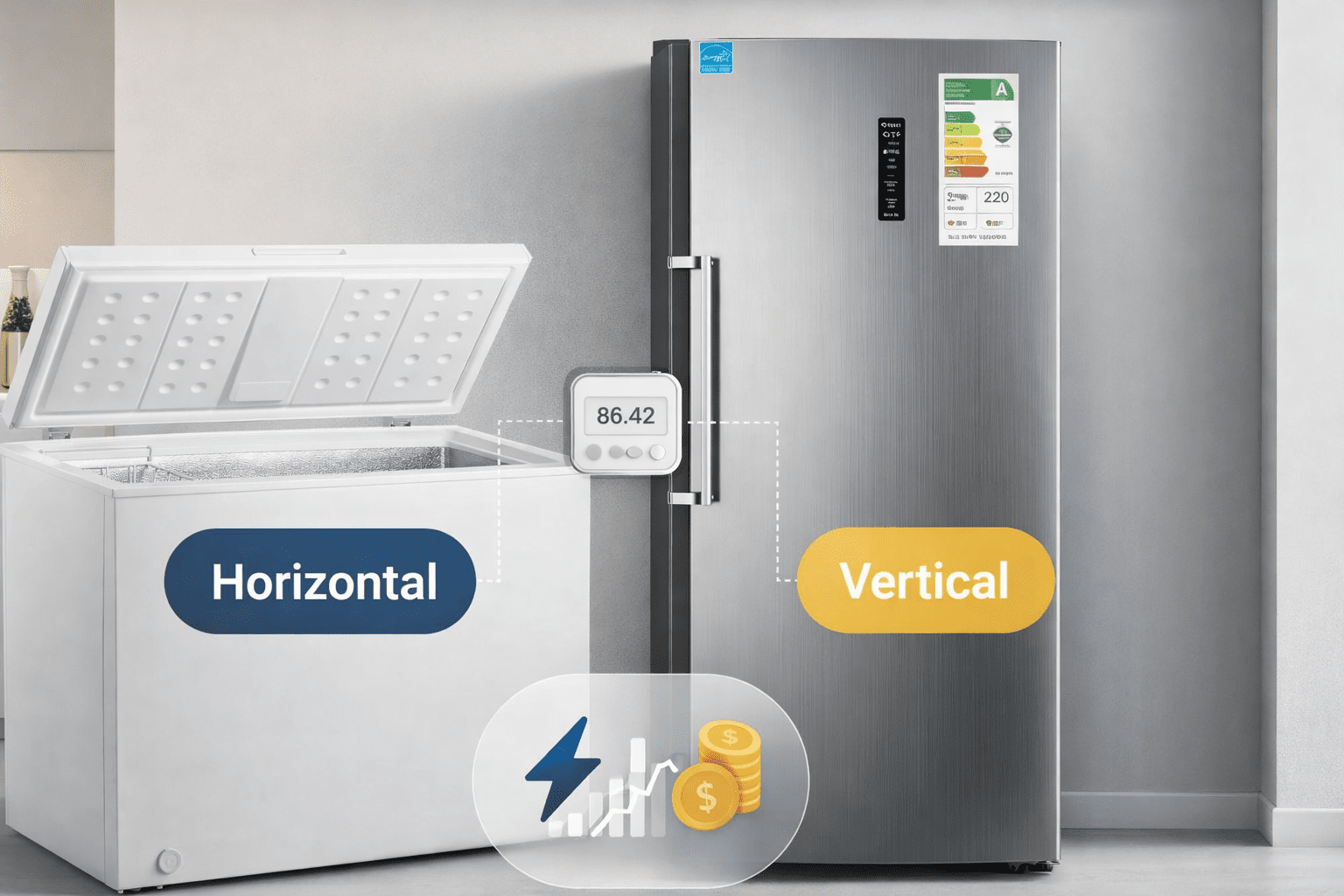 Freezer horizontal tipo cofre y freezer vertical 21.2 cu.ft lado a lado; comparación de consumo eléctrico y costo mensual.