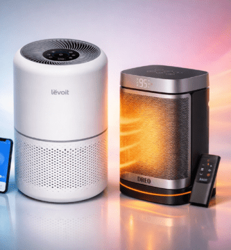 Purificador de aire LEVOIT Core 300S junto a calefactor cerámico Dreo en un home office, vista limpia para ilustrar consumo y kWh diarios.