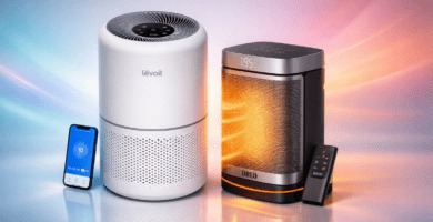 Purificador de aire LEVOIT Core 300S junto a calefactor cerámico Dreo en un home office, vista limpia para ilustrar consumo y kWh diarios.