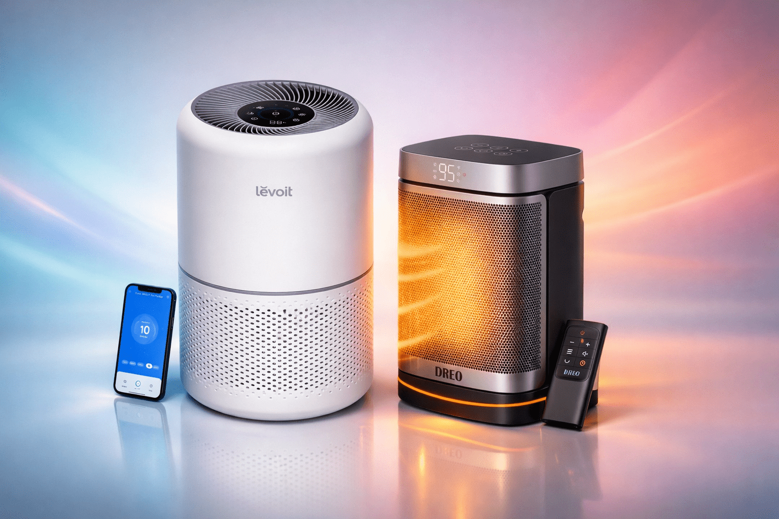 Purificador de aire LEVOIT Core 300S junto a calefactor cerámico Dreo en un home office, vista limpia para ilustrar consumo y kWh diarios.