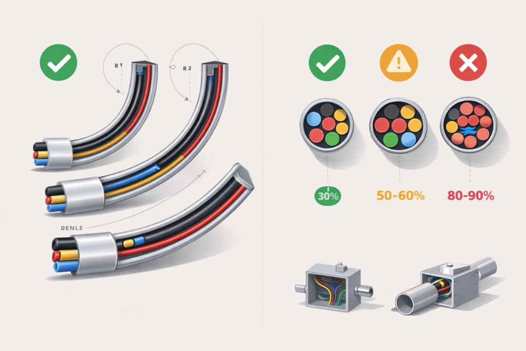 Infografía de radios de curvatura (90°, 180°, 360°) y niveles de llenado del ducto con recomendaciones de lubricación y apertura de punto intermedio