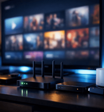 Sala de estar moderna de noche con TV 4K encendida, router y ONT sobre el mueble, decodificador y reproductor de streaming; luz ambiental cálida y cables ordenados, concepto “siempre encendido”.