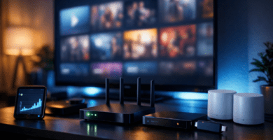 Sala de estar moderna de noche con TV 4K encendida, router y ONT sobre el mueble, decodificador y reproductor de streaming; luz ambiental cálida y cables ordenados, concepto “siempre encendido”.