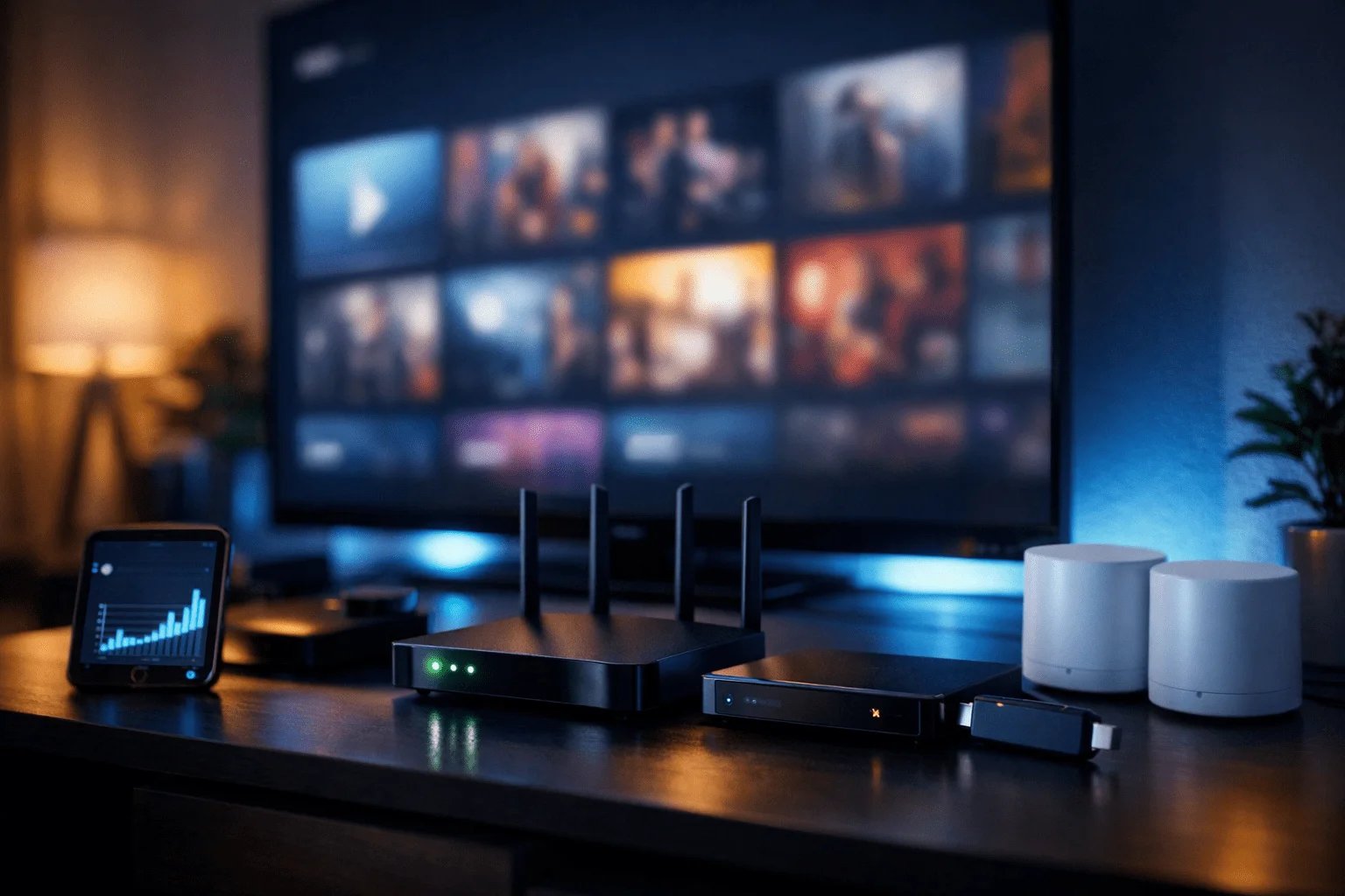 Sala de estar moderna de noche con TV 4K encendida, router y ONT sobre el mueble, decodificador y reproductor de streaming; luz ambiental cálida y cables ordenados, concepto “siempre encendido”.