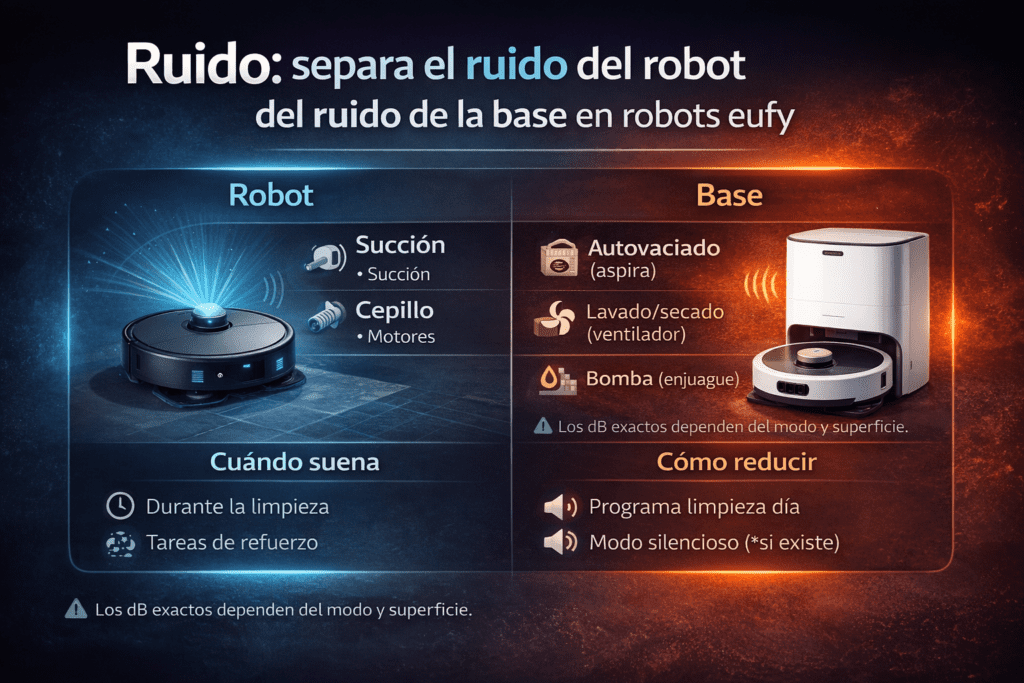 diferencia entre el ruido del robot eufy al limpiar y el ruido de la base al autovaciar/lavar/secar.