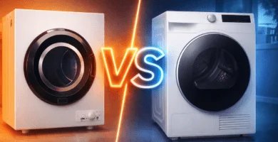 Comparativa visual: secadora resistiva ventilada 120 V (BLACK+DECKER BCED37) vs secadora con bomba de calor ventless 24″ (Samsung DV25B6900HW)
