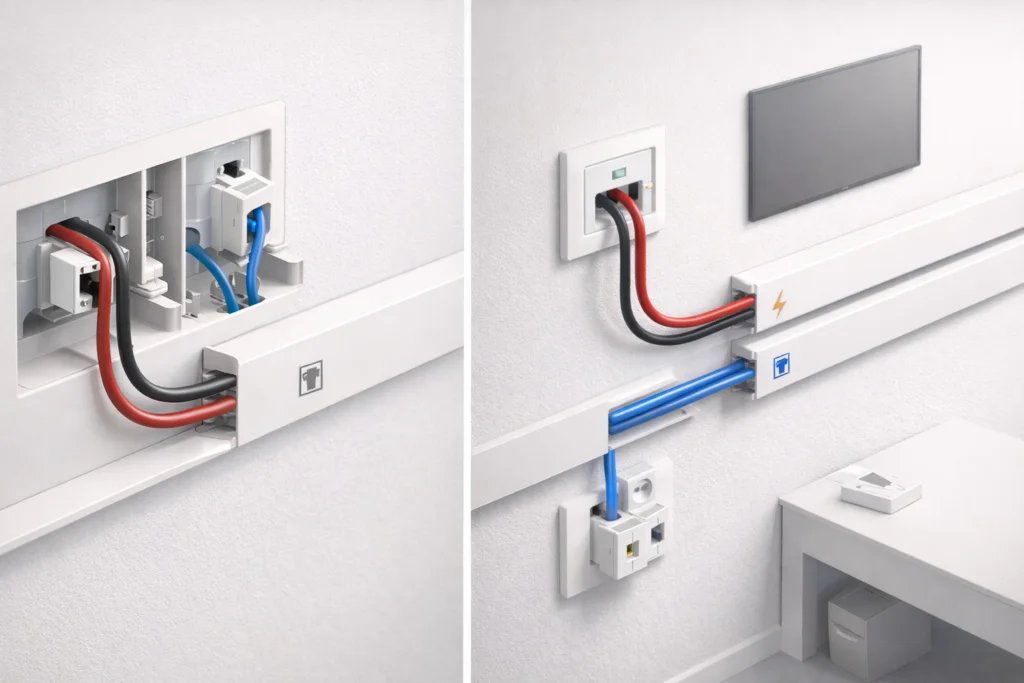 Comparación: canaleta con separador vs dos canaletas separadas para llevar energía y datos en pared