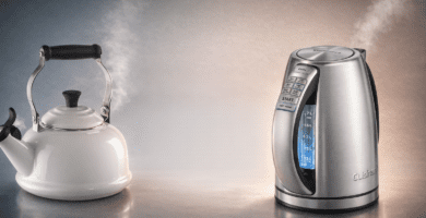 Tetera eléctrica Cuisinart junto a hervidor tradicional Le Creuset; comparación de consumo, tiempos de hervido y costo por uso.
