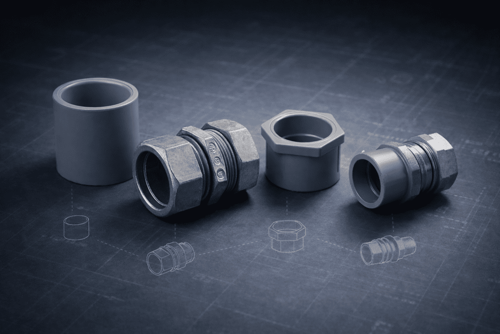 Tipos de unión conduit: manguito PVC, copla de compresión EMT, bushing reductor y adaptador de transición sobre plano técnico