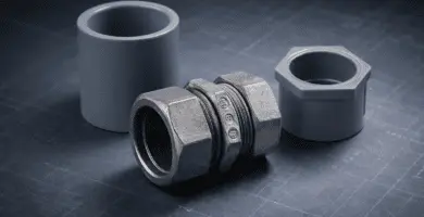 Copla PVC, copla de compresión EMT y reductor 1”→¾” (25→20 mm) para unión conduit sobre plano técnico