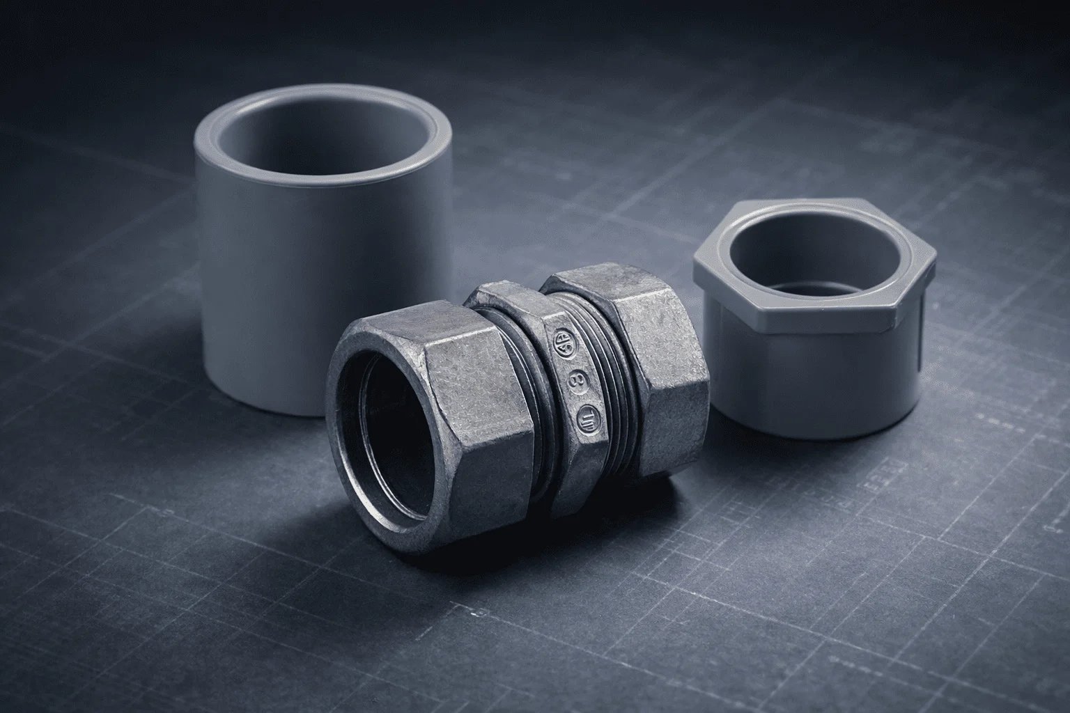 Copla PVC, copla de compresión EMT y reductor 1”→¾” (25→20 mm) para unión conduit sobre plano técnico