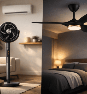 Ventilador de pedestal inteligente y ventilador de techo DC en sala moderna; comparación de consumo por hora frente al aire acondicionado.