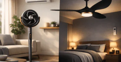 Ventilador de pedestal inteligente y ventilador de techo DC en sala moderna; comparación de consumo por hora frente al aire acondicionado.