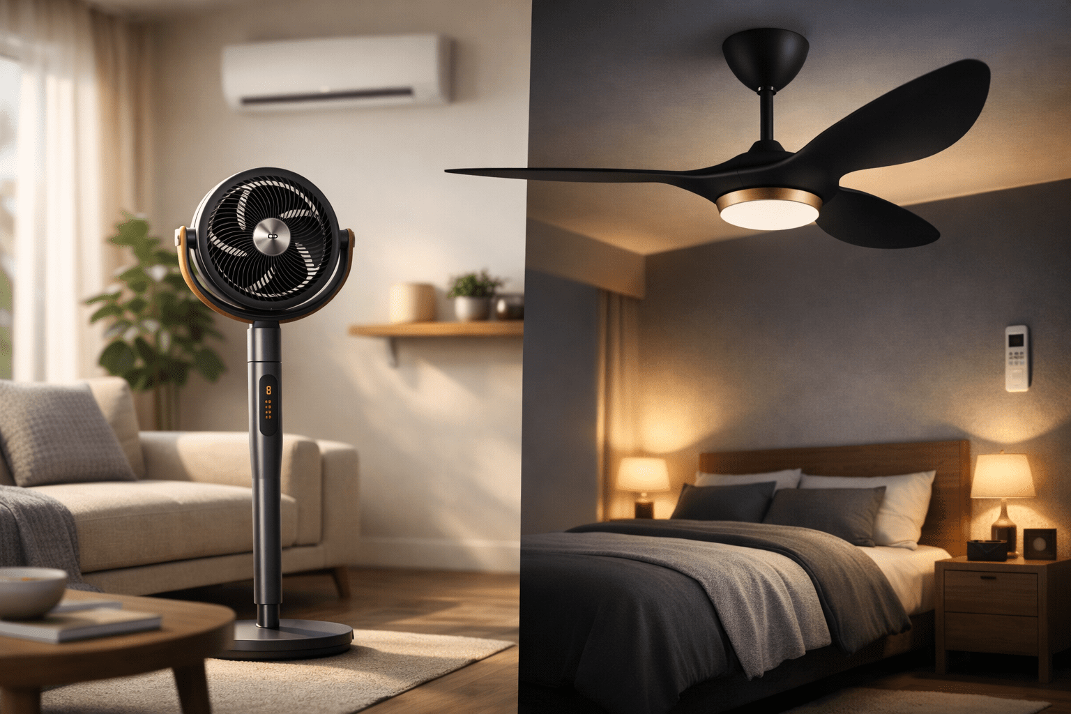 Ventilador de pedestal inteligente y ventilador de techo DC en sala moderna; comparación de consumo por hora frente al aire acondicionado.
