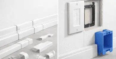 Comparativa: canalización visible con canaletas y codos vs canalización empotrada con caja “old work” y pasamuros de cerdas