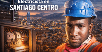 electricista en santiago centro con casco y chaleco reflectante frente a tablero eléctrico con skyline de santiago al atardecer
