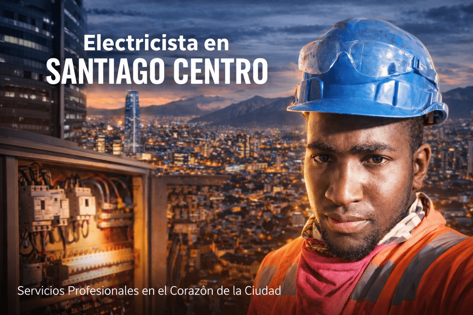 electricista en santiago centro con casco y chaleco reflectante frente a tablero eléctrico con skyline de santiago al atardecer
