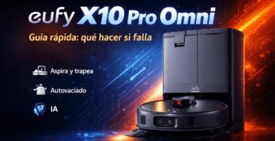 Banner del eufy X10 Pro Omni con su base Omni y el texto “Guía rápida: qué hacer si falla”, más iconos de aspira/trapea, autovaciado e IA.