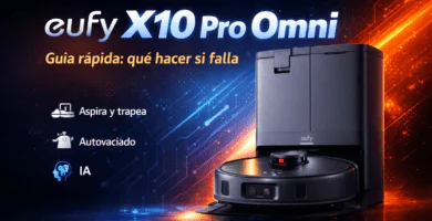 Banner del eufy X10 Pro Omni con su base Omni y el texto “Guía rápida: qué hacer si falla”, más iconos de aspira/trapea, autovaciado e IA.