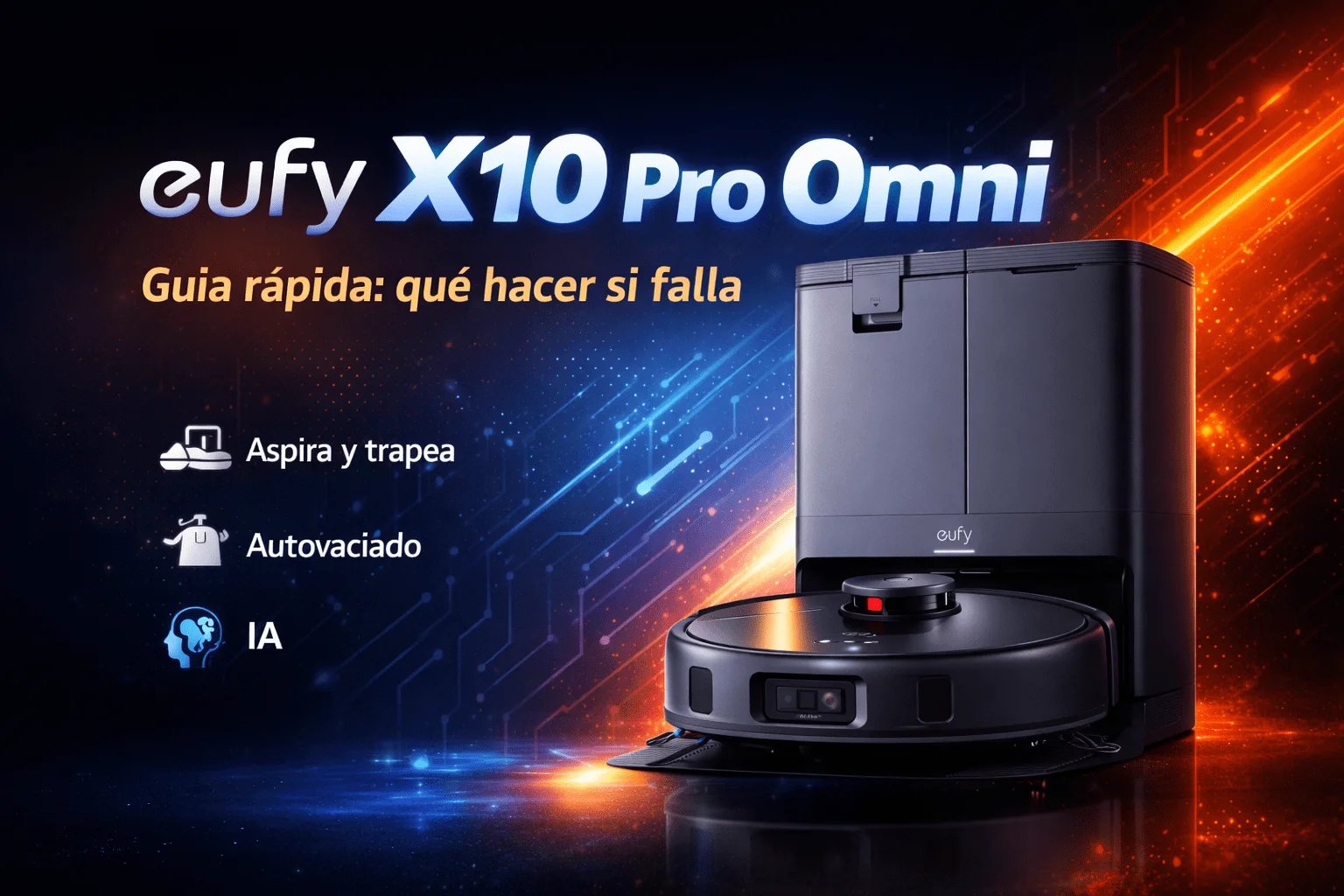 Banner del eufy X10 Pro Omni con su base Omni y el texto “Guía rápida: qué hacer si falla”, más iconos de aspira/trapea, autovaciado e IA.