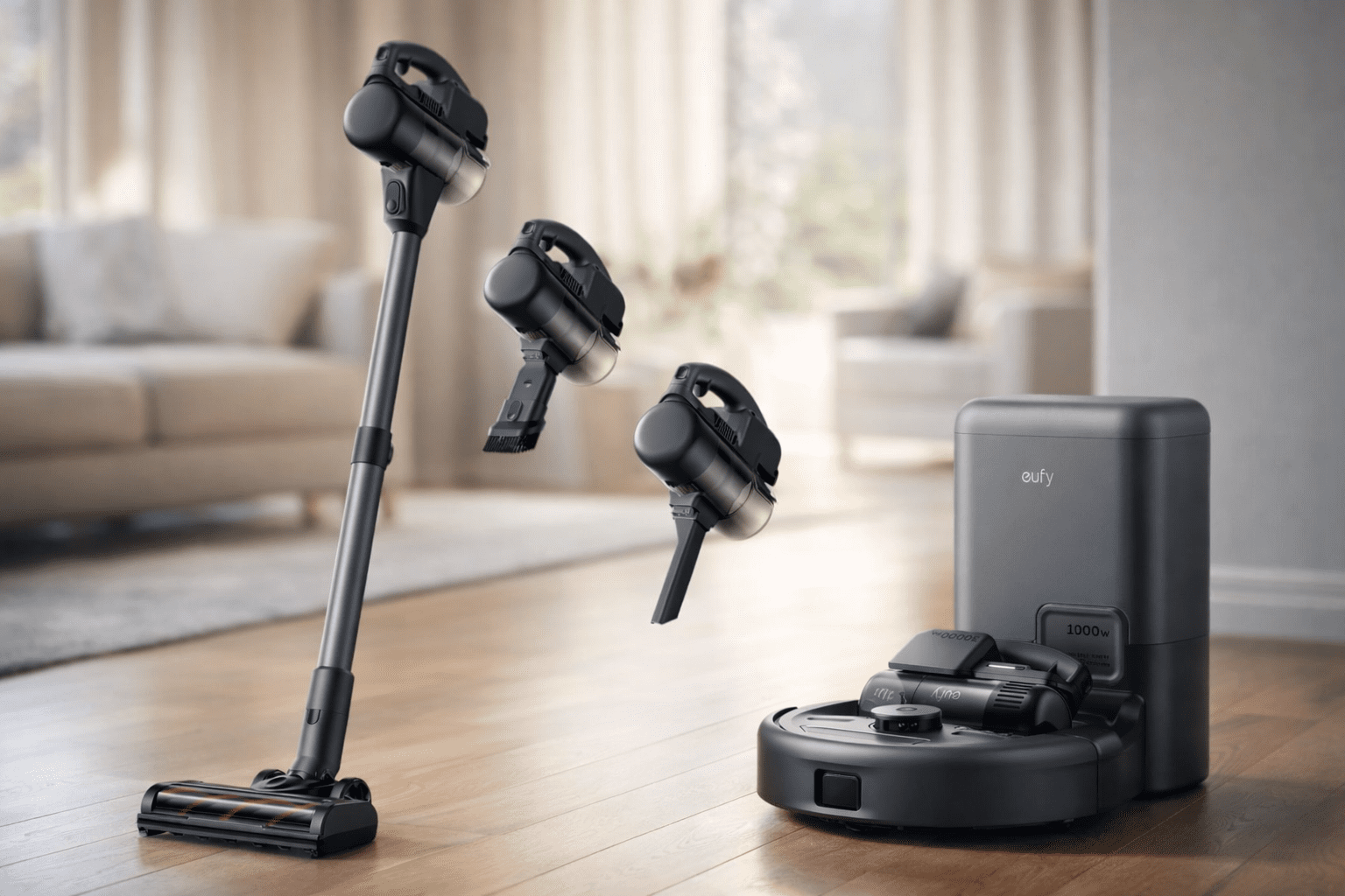 eufy aspiradora de mano con accesorios para limpieza rápida de auto y rincones, junto a palo y base de robot eufy sobre fondo claro
