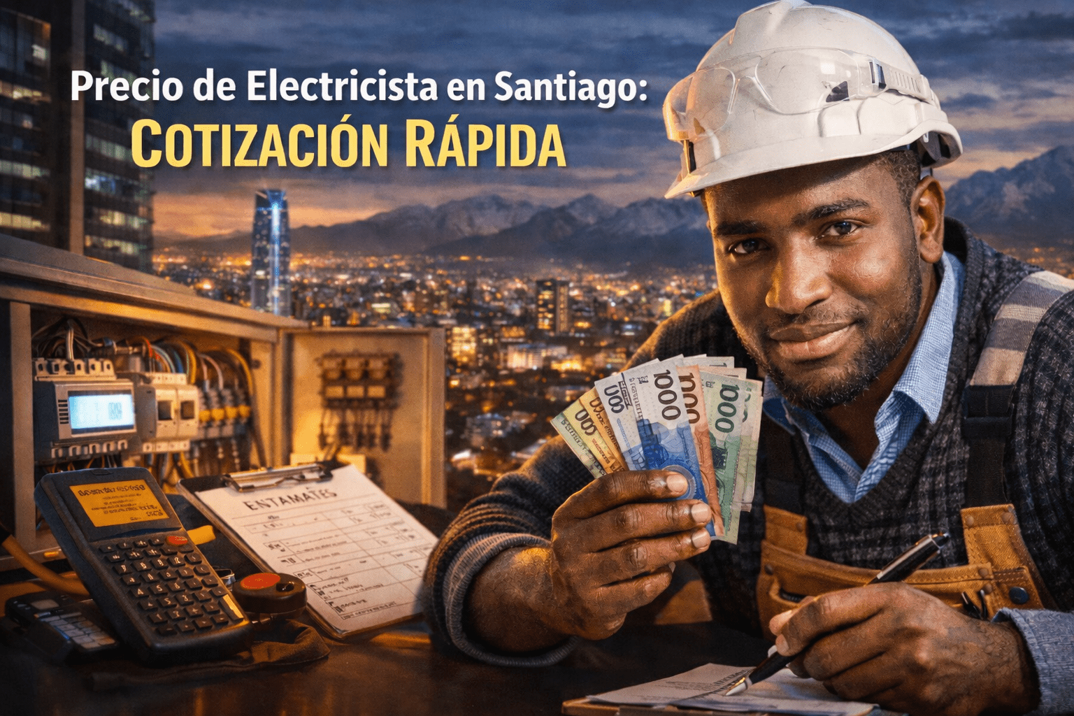 precio de electricista en santiago con técnico mostrando cotización rápida y tablero eléctrico con skyline de santiago al atardecer