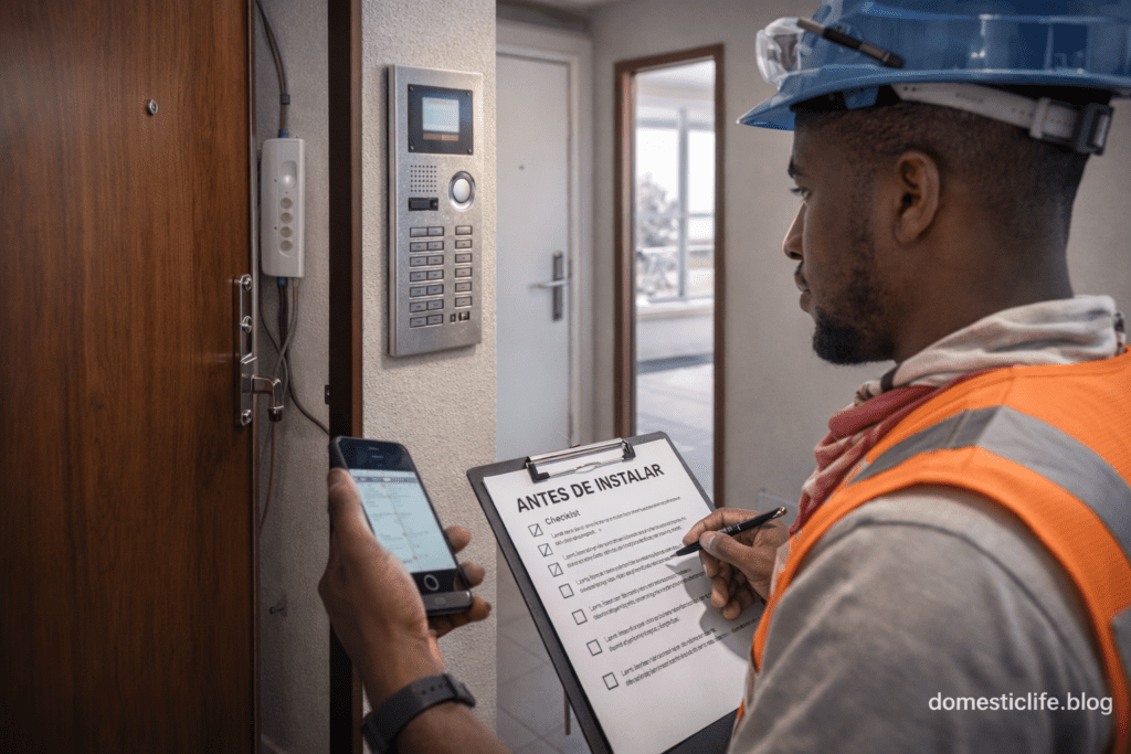 Electricista revisando ubicación y cableado de portero eléctrico con checklist en departamento