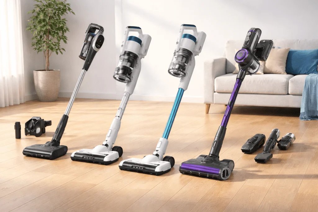 Comparativa de aspiradoras inalámbricas tipo escoba en un hogar, cuatro modelos sin cable para limpieza diaria en suelos y alfombras.