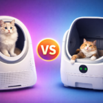 Comparativa visual VS de dos cajas de arena autolimpiables para gatos en estilo 3D
