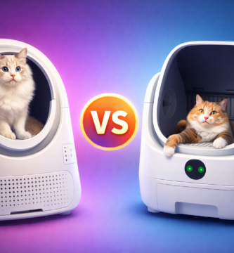Comparativa visual VS de dos cajas de arena autolimpiables para gatos en estilo 3D