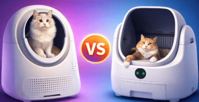 Comparativa visual VS de dos cajas de arena autolimpiables para gatos en estilo 3D