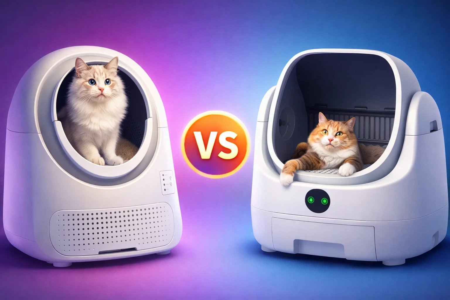 Comparativa visual VS de dos cajas de arena autolimpiables para gatos en estilo 3D